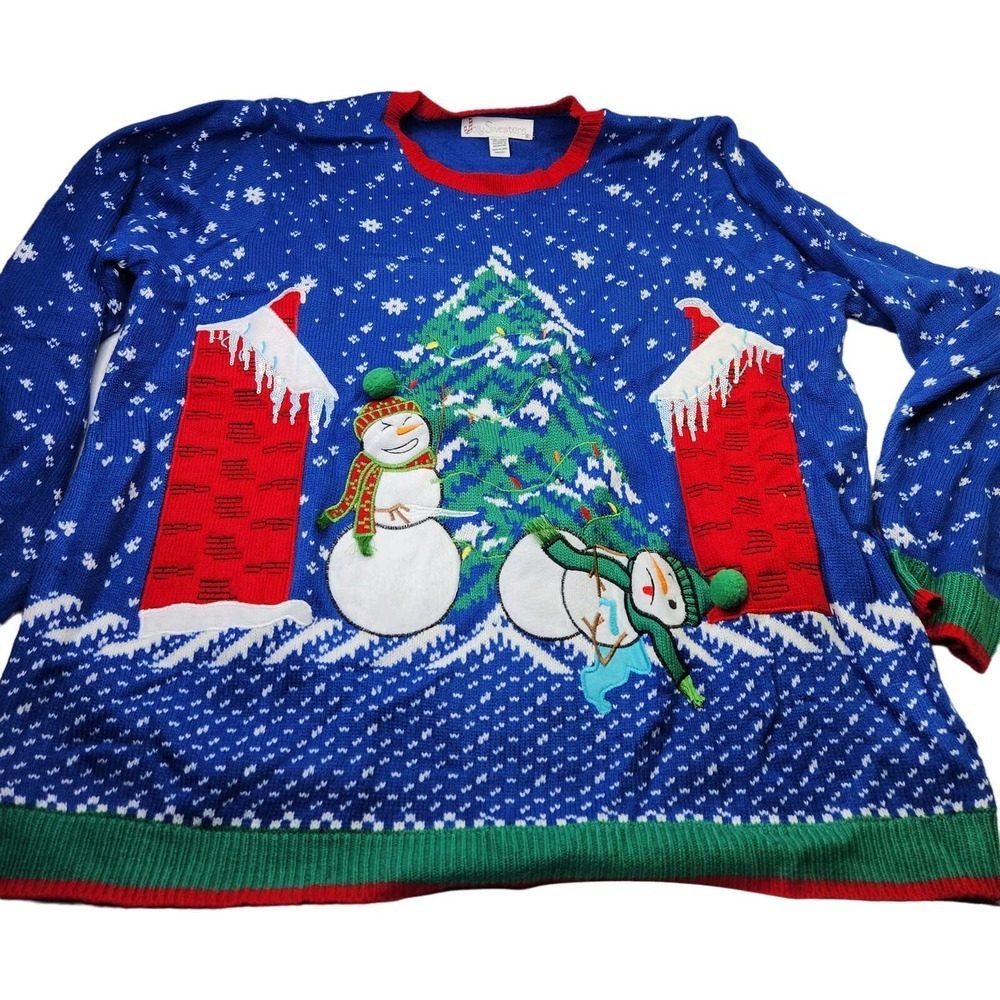 Jolly Sweaters Light Up Ugly Christmas Sweater Mens XXL Blue Snowman Sequin LED